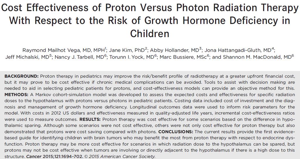 Costo Efectividad de la Protonterapia CONCLUSIONS: The current results provide the first evidence-based guide for identifying children with brain tumors who may benefit the most from Proton-Therapy