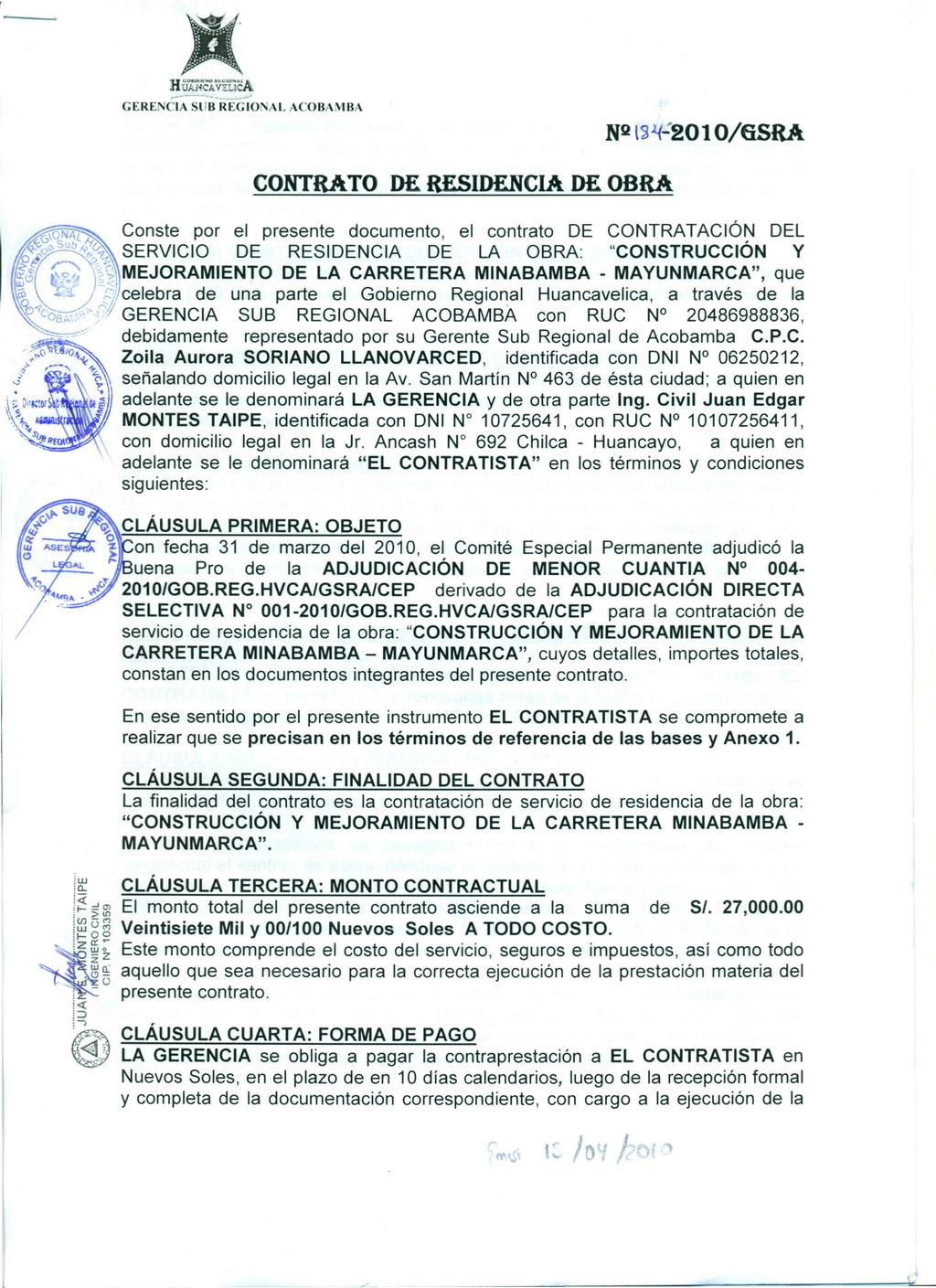 CONTRATO DE RESIDENCIA DE OBRA - PDF Descargar libre