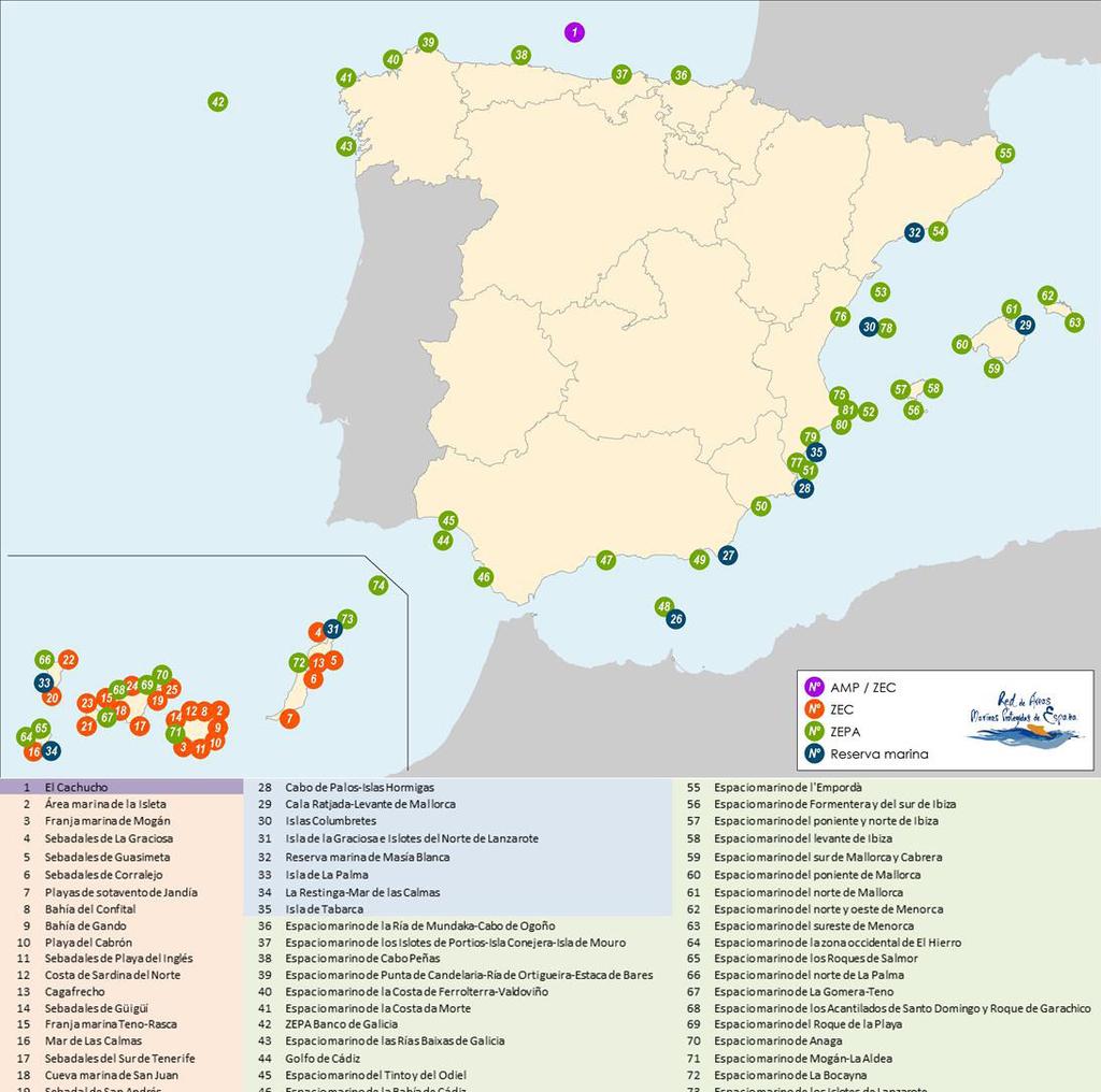 Perfil Ambiental de España 2016 Red de Áreas Marinas Protegidas de España (RAMPE) El Cachucho 2 3 4 5 6 7 Área marina de La Isleta Franja marina de Mogán Sebadales de La Graciosa Sebadales de