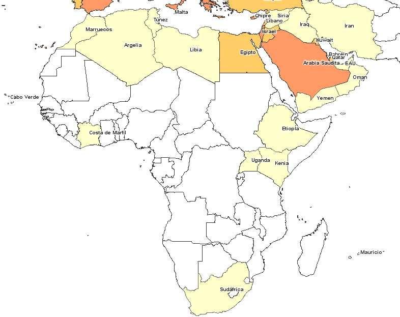 Casos confirmados influenza A (H1N1) en África y Medio Oriente Palestina Jordania Nº Casos Sin casos 1-19 20-99 100-999 1000-4999 5000 - + PAIS (1) Casos Fallecidos África Egipto 78 0 Sudáfrica 18 0