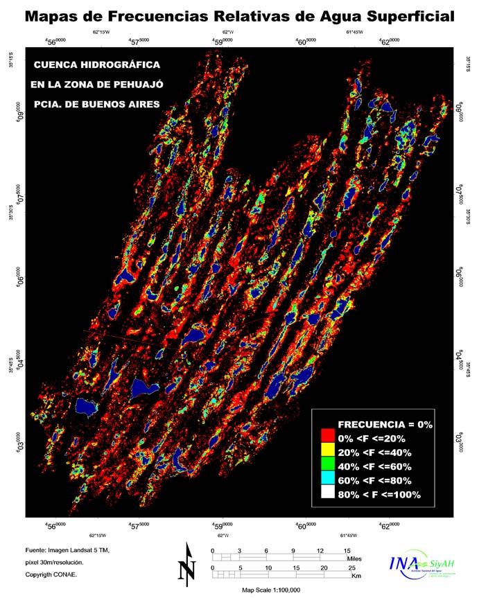 Figura 2: La teledetección aplicada a la hidrología Producto satelital de Frecuencias Relativas de Agua en Superficie, área de estudio en Pehuajó, provincia de Buenos Aires, Argentina.