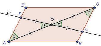Problema 9 División del un paralelogramos en dos regiones iguales. Una recta que pase por el centro de un paralelogramo, descompone a éste en dos figuras iguales.