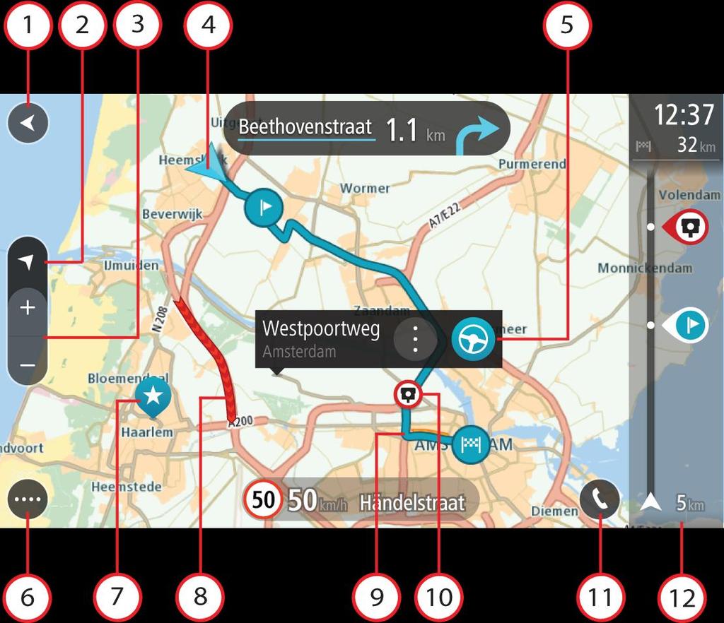 Elementos de la pantalla Vista de mapa La vista de mapa se muestra si no ha planificado una ruta. Su posición actual se muestra en cuanto el TomTom GO encuentra su posición del GPS.
