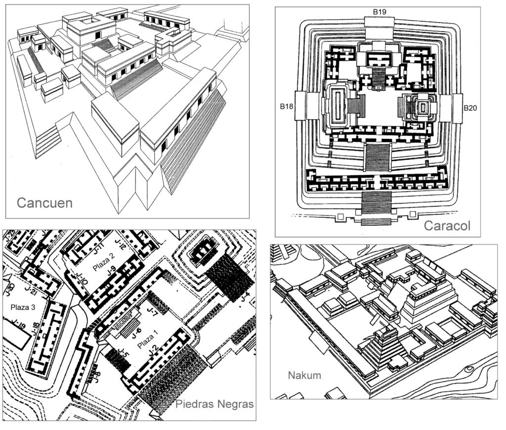 Figura 3 Ejemplos de grandes palacios Mayas de presentación formal con elementos típicos: a) ubicación a lado de plaza pública, b) escalinata monumental, c)