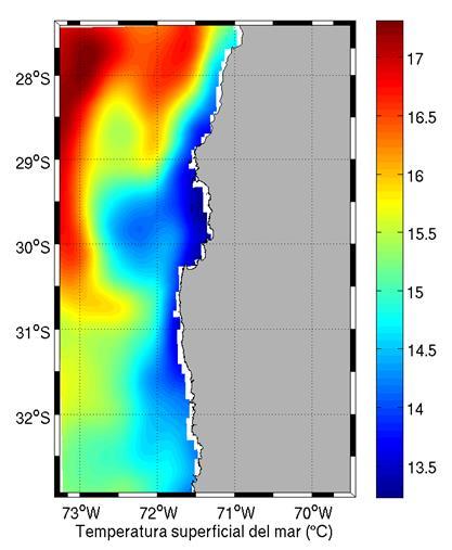Análisis temperatura superficial del mar La TSM promedio de Junio frente a las costas de la región, Figura 11, observó valores de temperatura