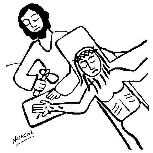 Sexta estación: CLAVADO EN LA CRUZ A Jesús lo clavan de pies y manos en una cruz. Y crucifican con Él a dos bandidos, uno a su derecha y otro a su izquierda.