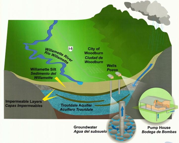 Un Vistazo al Sistema de Agua La Ciudad de Woodburn utilitza agua subterránea, que se extrae del acuífero Troutdale atravez de seis pozos activos.