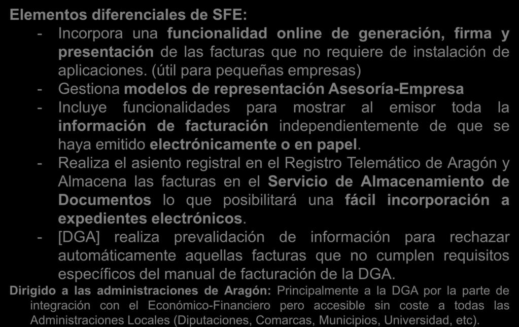 Otros aspectos en Factura-e de Aragón Elementos diferenciales de SFE: - Incorpora una funcionalidad online de generación, firma y presentación de las facturas que no requiere de instalación de