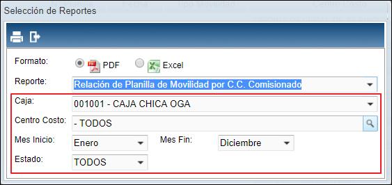 Caja: Permite seleccionar la Caja Chica, activando la barra de despliegue. Solo se listarán las Cajas Chicas seleccionadas al perfil del Usuario en el Módulo Administrador.