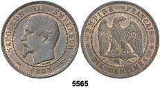 Napoleón III. A (París). 10 céntimos. (Kr. 771.1). CU. EBC+. Est. 75........... 60, F 5565 1853. Napoleón III. A (París). 10 céntimos. (Kr. 771.1). CU. EBC+. Est. 60........... 50, F 5566 1864.