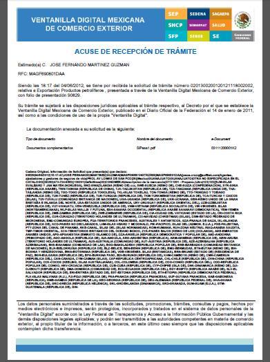 ACUSE DE RECIBO La aplicación informa que la solicitud ha sido registrada, mostrando el número de folio del trámite, generando el Acuse de Recepción del