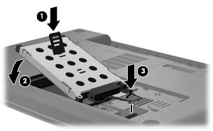 9. Tire de la lengüeta de la unidad de disco duro (3), desconecte el cable de la unidad de disco duro de la placa madre (1) y luego levante la unidad de disco duro hacia fuera del equipo (2).