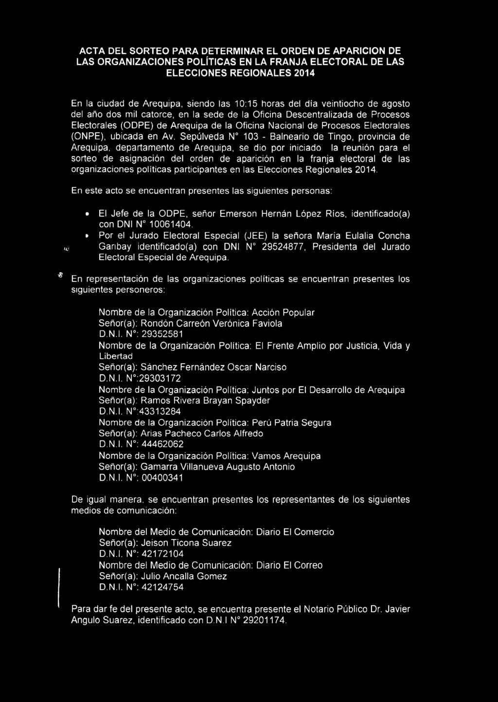 Sepúlveda N 103 - Balneario de Tingo, provincia de Arequipa, departamento de Arequipa, se dio por iniciado la reunión para el sorteo de asignación del orden de aparición en la franja electoral de las