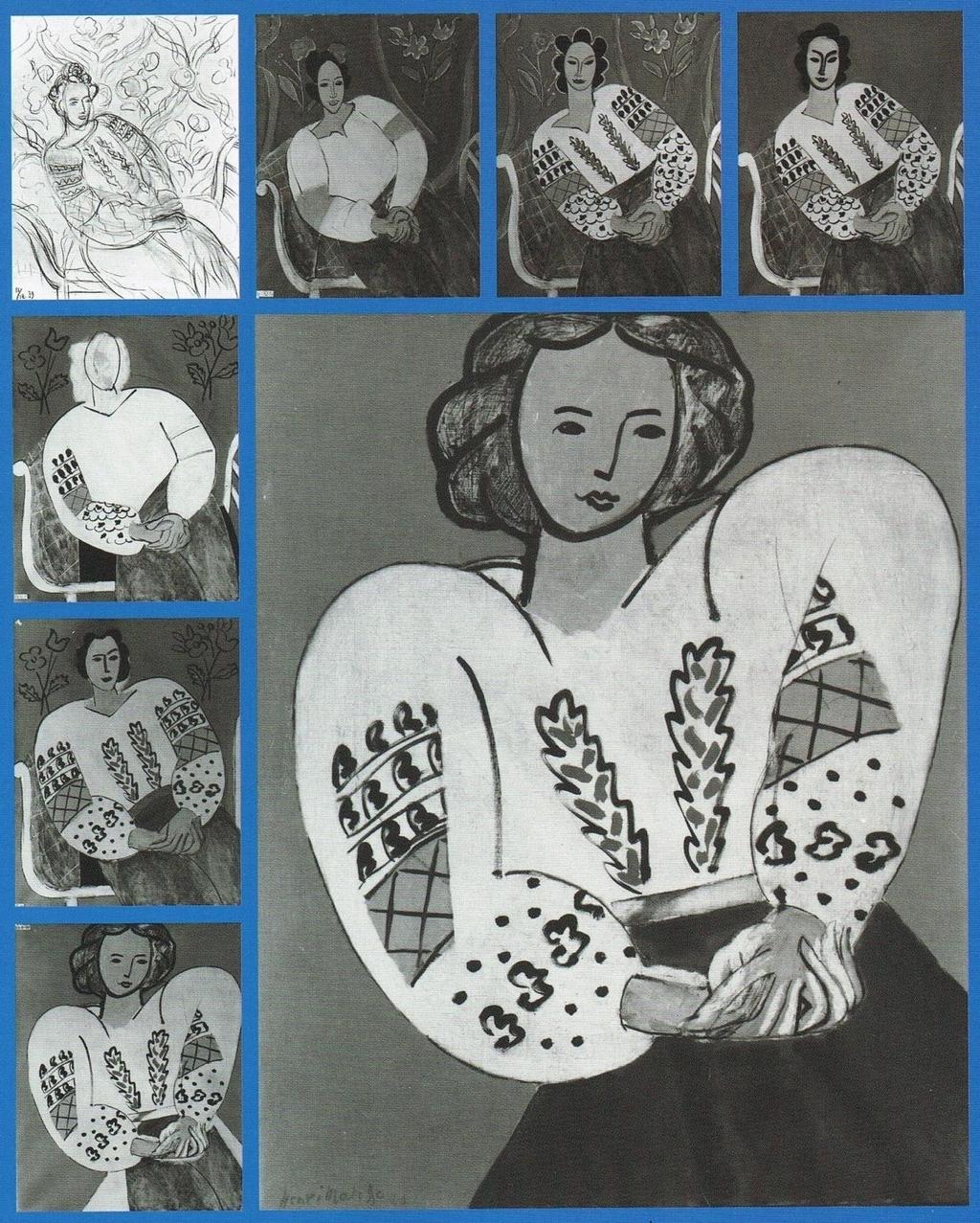 Fotografías de ocho estados de La Blouse roumaine o Matisse recurre a las fotografía para documentar sus tablas de la experiencia, registrar cada versión plausible, cada solución posible, cada estado