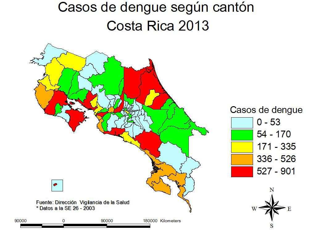 En la región Central Norte los cantones más afectados son: Alajuela (n=674) con transmisión en la mayoría de los distritos, Atenas (n=483) con brote y Sarapiquí (n= 701) que presenta incremento en la