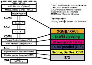 Ethernet 10G -Tecnología Interface XAUI: interface MAC-PHY, que sirve de alternativa a la interface XGMII. Permite a los fabricantes diseños de bajo costo; es 2.5 veces la velocidad de 1000Base-X.