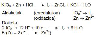 35. (14 Ekaina) Ekuazio kimiko hau emanda: KBrO 3 + Cu + H 2 SO 4 Br 2 + CuSO 4 + K 2 SO 4 + H 2 O a) Idatz ezazu, eta doitu, dagokion erredox ekuazioa.