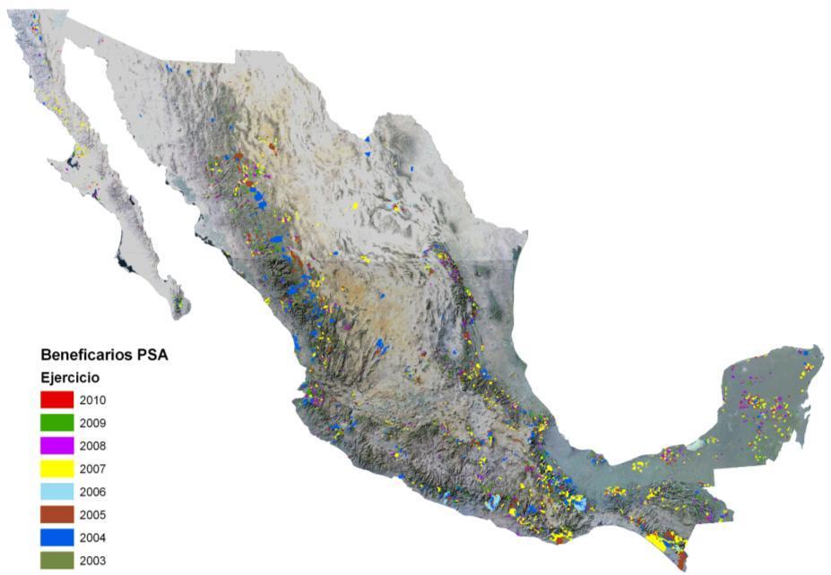 PSA en México Periodo 2003-2011 Superficie: 3,112 millones de hectáreas Inversión: 6 mil millones de pesos Beneficiarios: 5,839 ejidos, comunidades y pequeños propietarios.