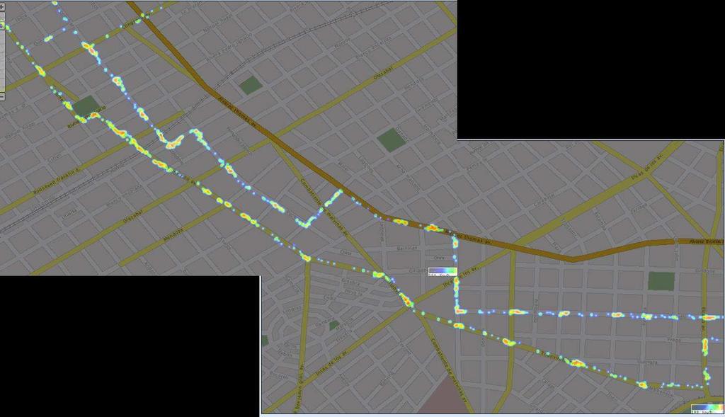 CONSTRUCCIÓN DE INDICADORES ON-LINE Mapas de Velocidad: Son una representación grafica de los datos enviados por los buses/gps.