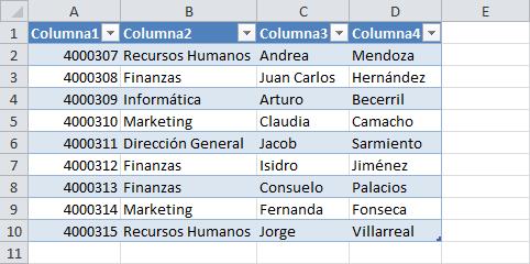Las tablas en Excel siempre requieren que la primera fila de los datos sean los encabezados de columna y en caso de que no tengas encabezados, se insertarán nombres genéricos como Columna1, Columna2,
