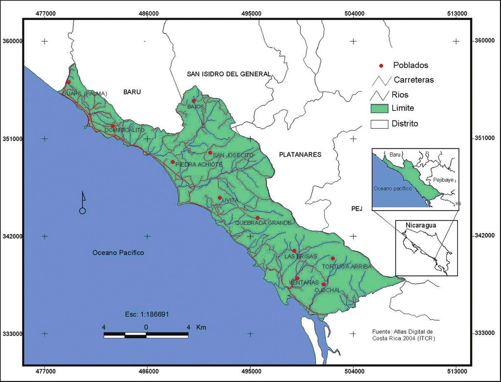 Fig. 1. Mapa de localización del Área de Estudio y el río Coronado, considerando la zona costera y la litoral y excluyendo el sector este de la Fila debido a que su desarrollo turístico es limitado.