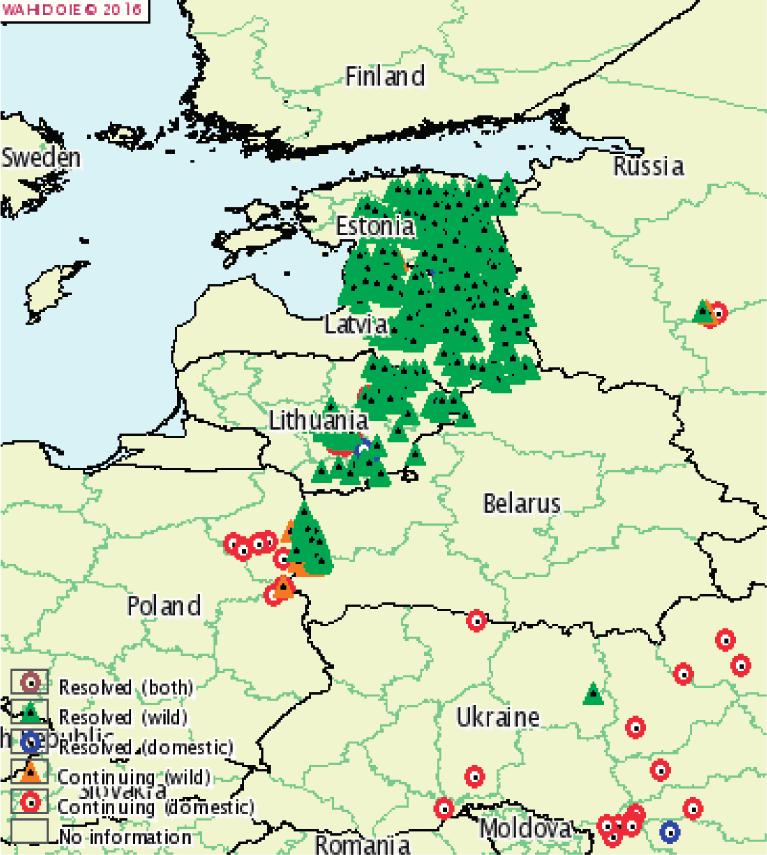 Figura 3: Focos de PPA declarados en 2016 en el este de Europa (WAHIS OIE) Figura 4: Mapa de regionalización de países afectados según la Decisión 2014/709/UE (CE) La Fiebre Aftosa (FA): en 2013 hizo
