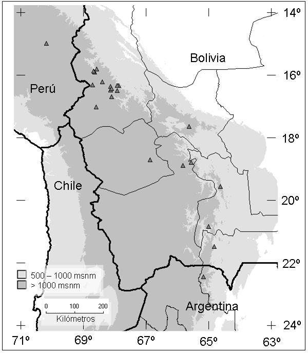 F. BIGANZOLI & C. A. ZANOTTI. Ranunculus filamentosus en la Argentina Fig. 2. Mapa de distribución de Ranunculus filamentosus en Argentina, Bolivia y Perú.