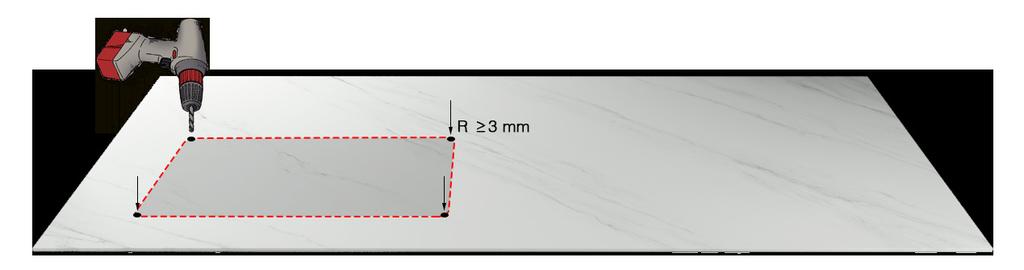 3. CORTE DE HUECOS Para realizar los ángulos antes del corte del hueco, primero se deben perforar todas las esquinas del mismo con una broca de radio > 3 mm.