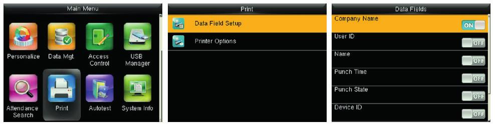 13 Ajustes de Impresión Los dispositivos con la función de Impresión pueden imprimir registros de asistencia cuando se les conecta una impresora (esta función es opcional y solo puede ser agregada en