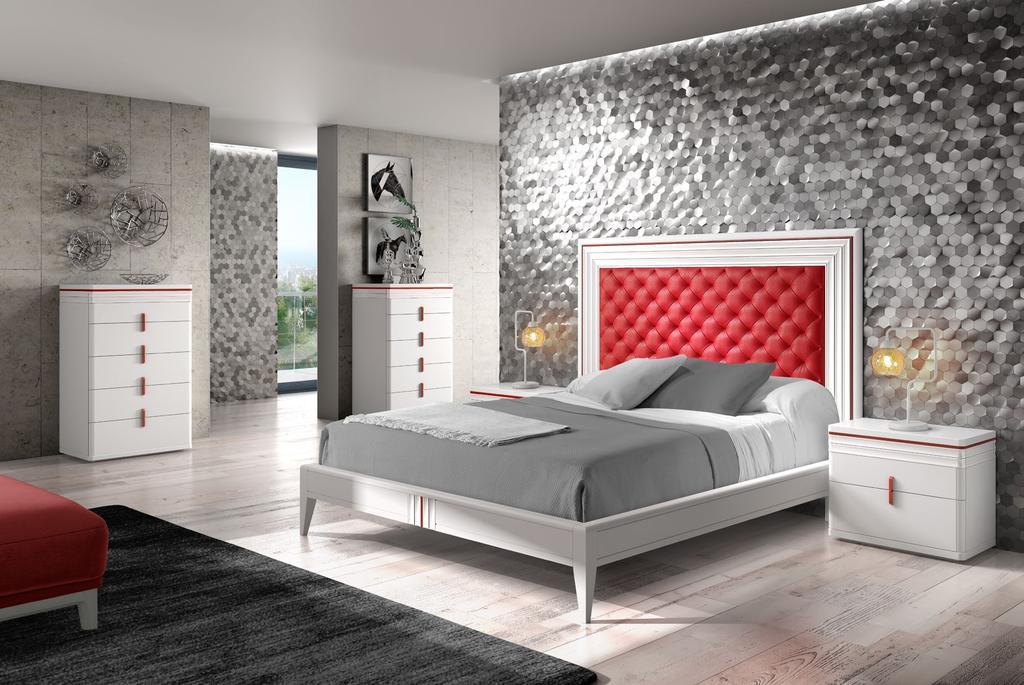 20067 Headboard with quilted upholstery lacquered white Blanco mate and solid oak wood molding in the headboard and top lacquered red. Silver handles. Fabric Tibet 32. Lamps Corner ref.