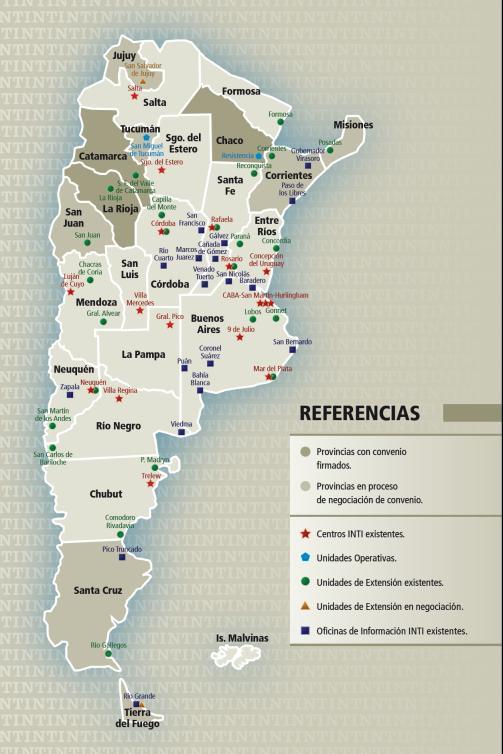 Centros Tecnológicos: El INTI cuenta con centros tecnológicos (específicos y multipropósitos) en casi la totalidad de las provincias argentinas, además cuenta con áreas y programas que los vinculan