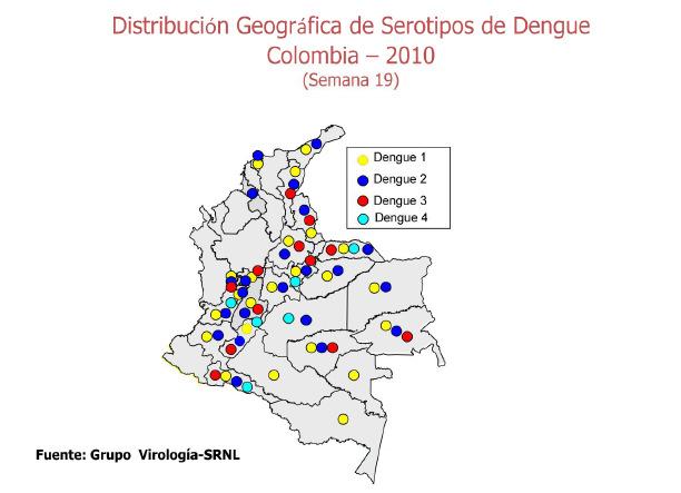 A la fecha se han aislado los cuatro serotipos durante las 22 semanas epidemiológicas de 2010, se observa la circulación de los 4 serotipos virales, predominando el dengue tipo 2 (49%) seguido de