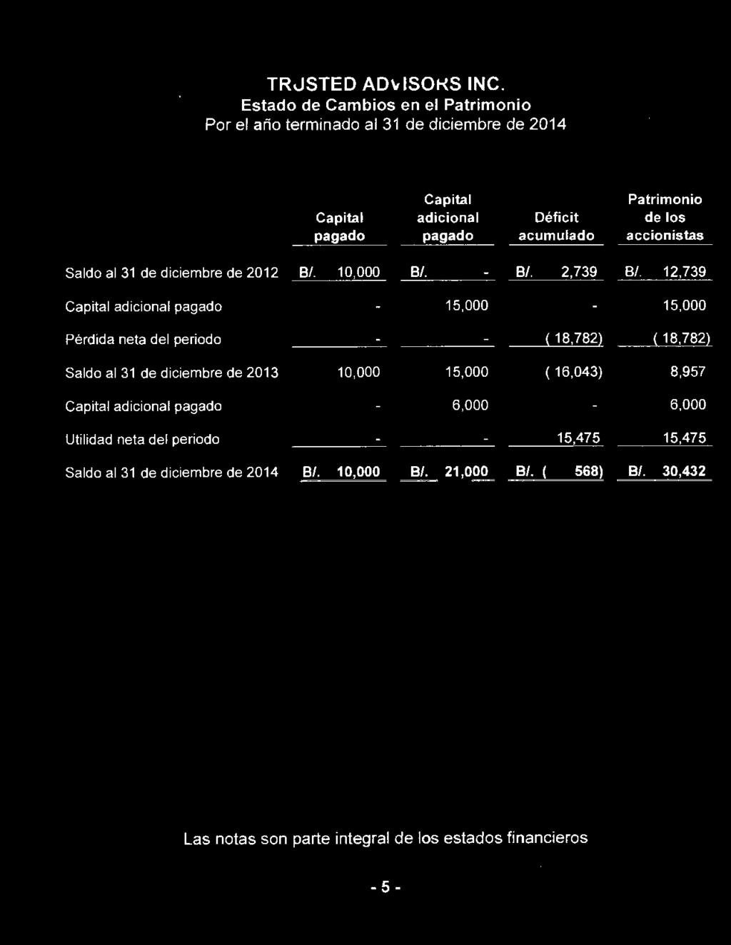 12,739 Capital adicional pagado 15,000 15,000 Pérdida neta del período ( 18,782) ( 18,782) Saldo al 31 de diciembre de 2013 10,000 15,000 ( 16,043)