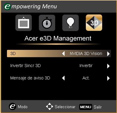7 8 Alternativamente, pulse la Tecla Empowering en el control remoto de su proyector para abrir Acer e3d Management (Administrador e3d Acer). De las opciones 3D, seleccione Nvidia 3D Vision.