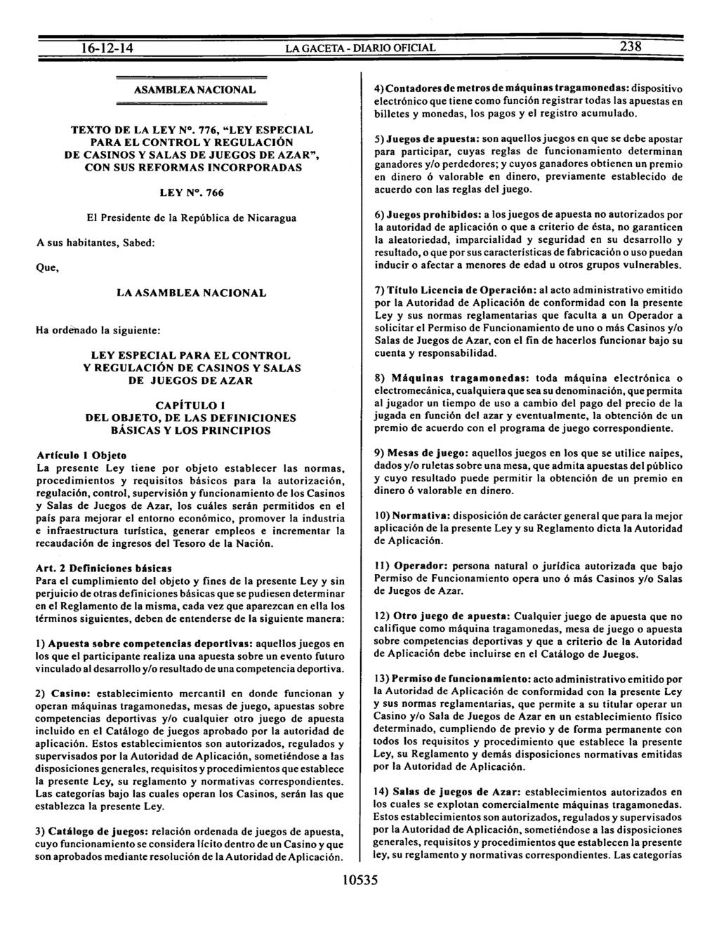 16-12-14 LA GACETA - DIARIO OFICIAL 238 ASAMBLEA NACIONAL TEXTO DE LA LEY Nº.