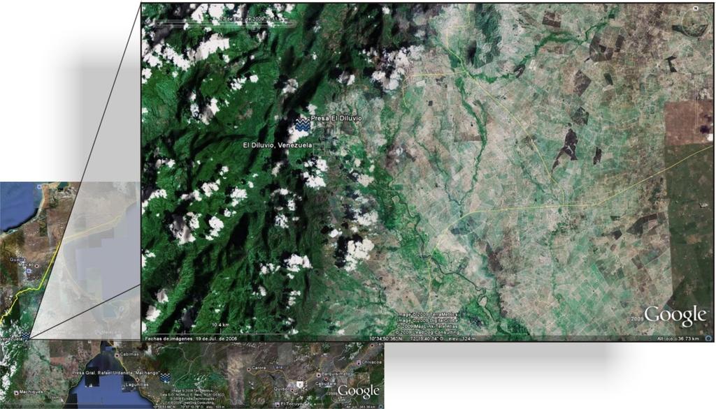 4.3 EL DILUVIO - ESTADO ZULIA Figura 21. Ubicación de presa El Diluvio Fuente: tomado y modificado de Google Earth 5.0 4.3.1 LITOLOGÍA El panorama geológico de la zona presenta dos tipos de rocas de