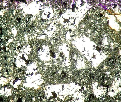 Fotomicrografía mostrando la textura brechoide presente en la muestra donde se observan fragmentos líticos volcánicos.
