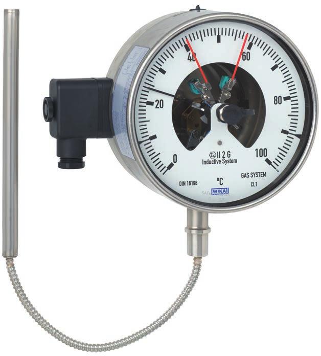 Instrumentación de temperatura mecatrónica Termómetro de dilatación de gas con contactos eléctricos Modelo 73, versión de acero inoxidable Hoja técnica WIKA TV 27.