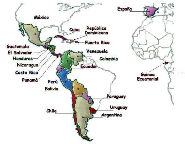 Na nasledujúcej mape je znázornené, na ktorých kontinentoch sa náchádza Španielske kráľovstvo.