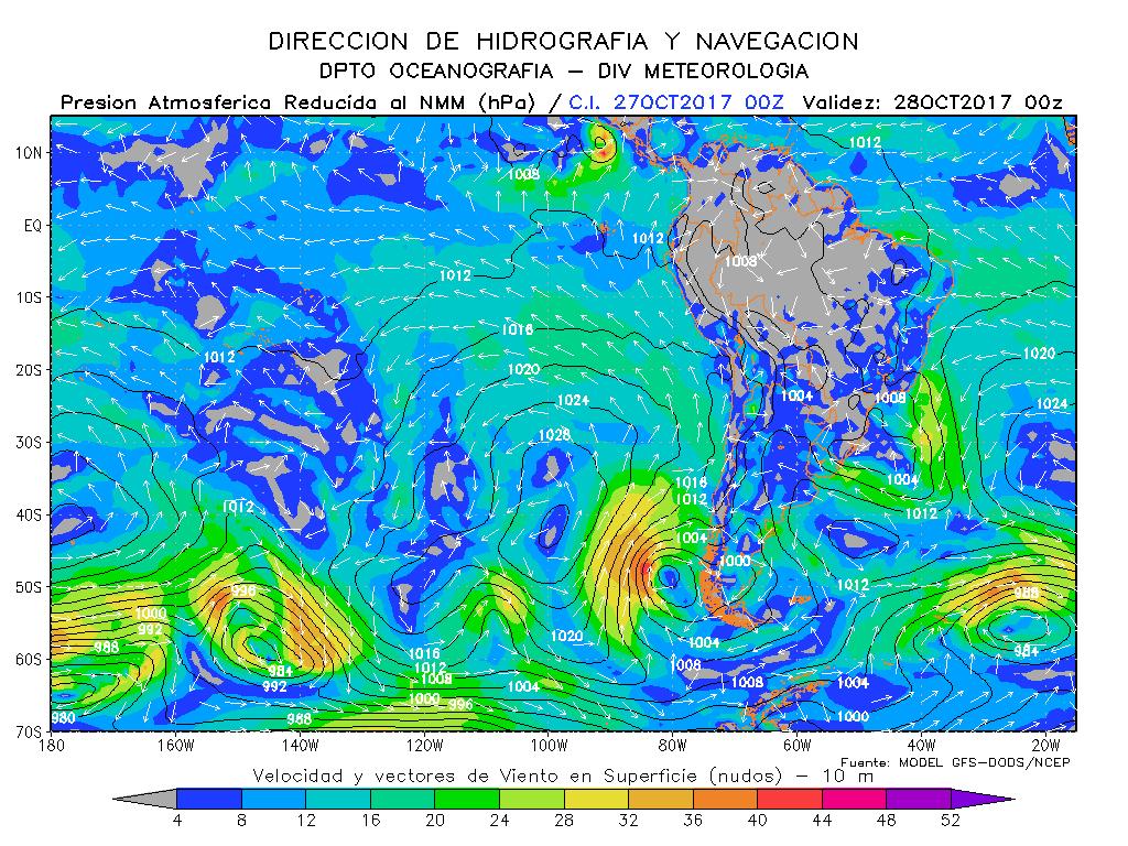 Para el 27 y 28 de octubre el sistema de alta presión del Pacífico Sur se configuraría cerca a la costa de Chile, ubicando su núcleo alrededor de los 35 S, con valores de 1028 hpa; asociado a un