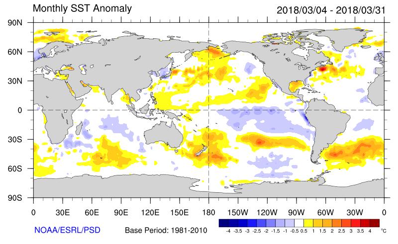TEMPERATURA DE AGUA DE MAR (TSM) - PROMEDIO MENSUAL Figura 1: Anomalías de la temperatura superficial del mar en marzo de 2018.