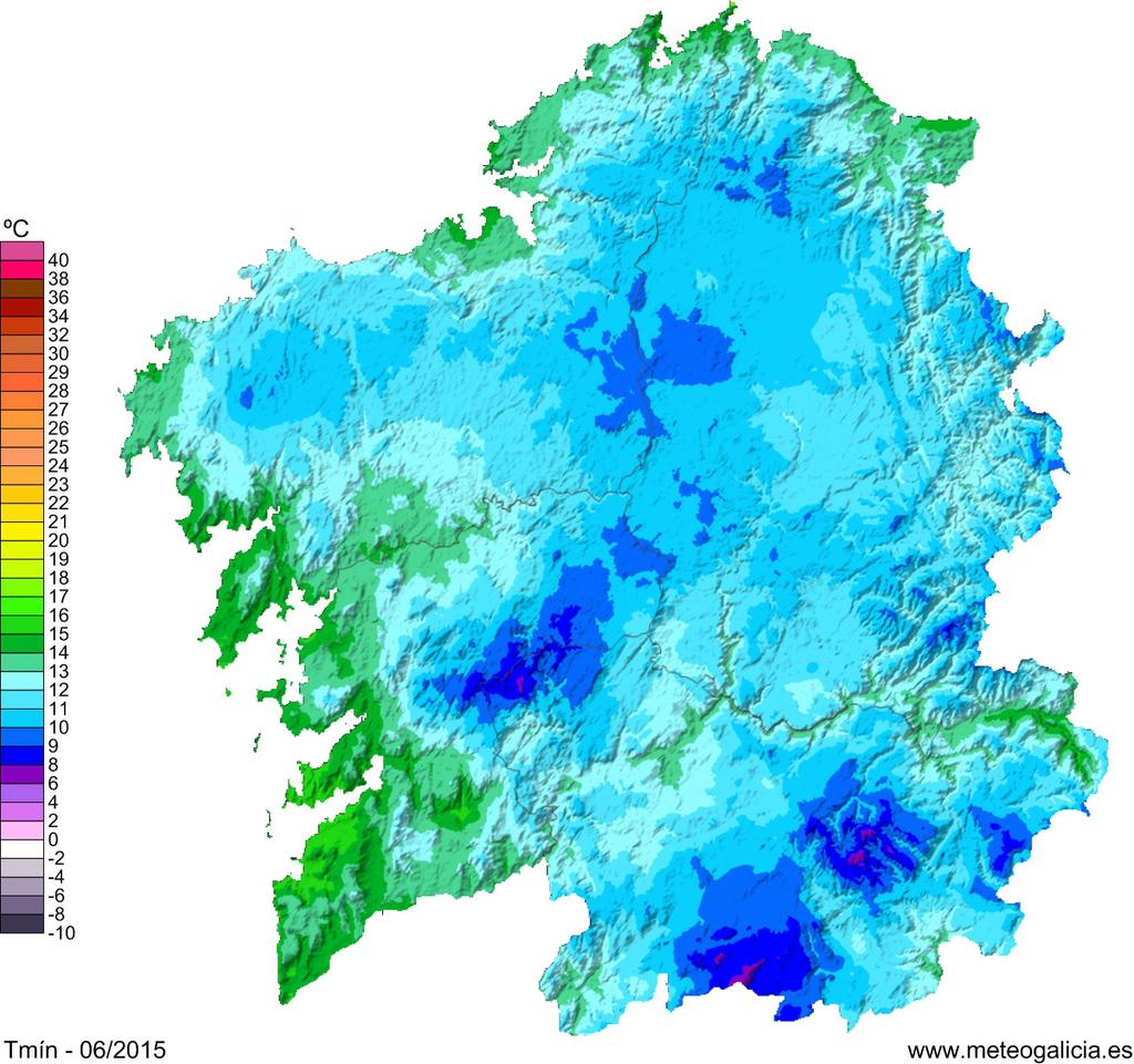 4.2. Temperatura media das mínimas. O valor medio das temperaturas mínimas no mes de xuño para o territorio galego foi de 11.