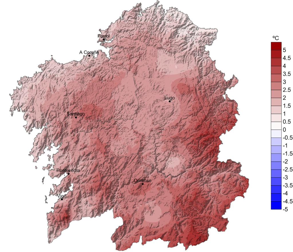 4.3. Anomalía de temperatura media con respecto ao período 1971-2000. A anomalía da temperatura media no conxunto de Galicia neste mes de xuño, tendo en conta a media dos valores do mapa, foi de +2.