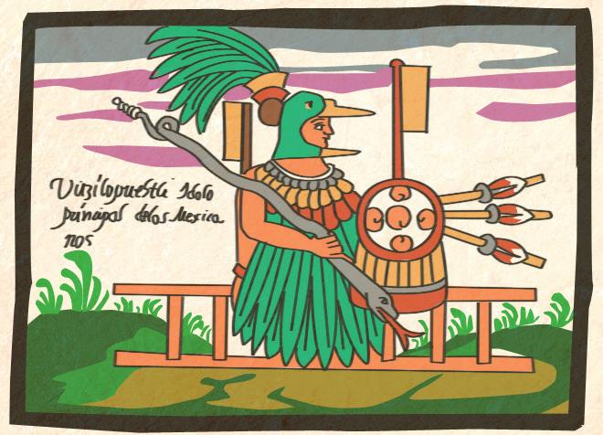 LOS ALIADOS DE CORTÉS EN LA CONQUISTA DE MÉXICO 17 Fig. 1- Huitzilopochtli, dios tutelar de los aztecas. Manuscrito Tovar, p. 274. Dibujo de Alejandra Rodríguez.