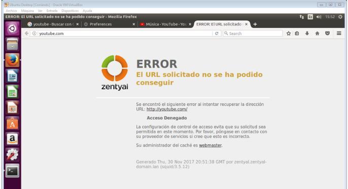 Resultados Obtenidos: En el equipo cliente (Ubuntu) se intenta ingresar a una página de internet en este caso YouTube y se