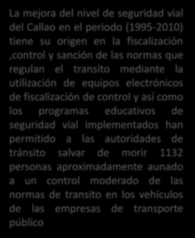 La mejora del nivel de seguridad vial del Callao en el periodo (1995-2010) tiene su origen en la fiscalización,control y