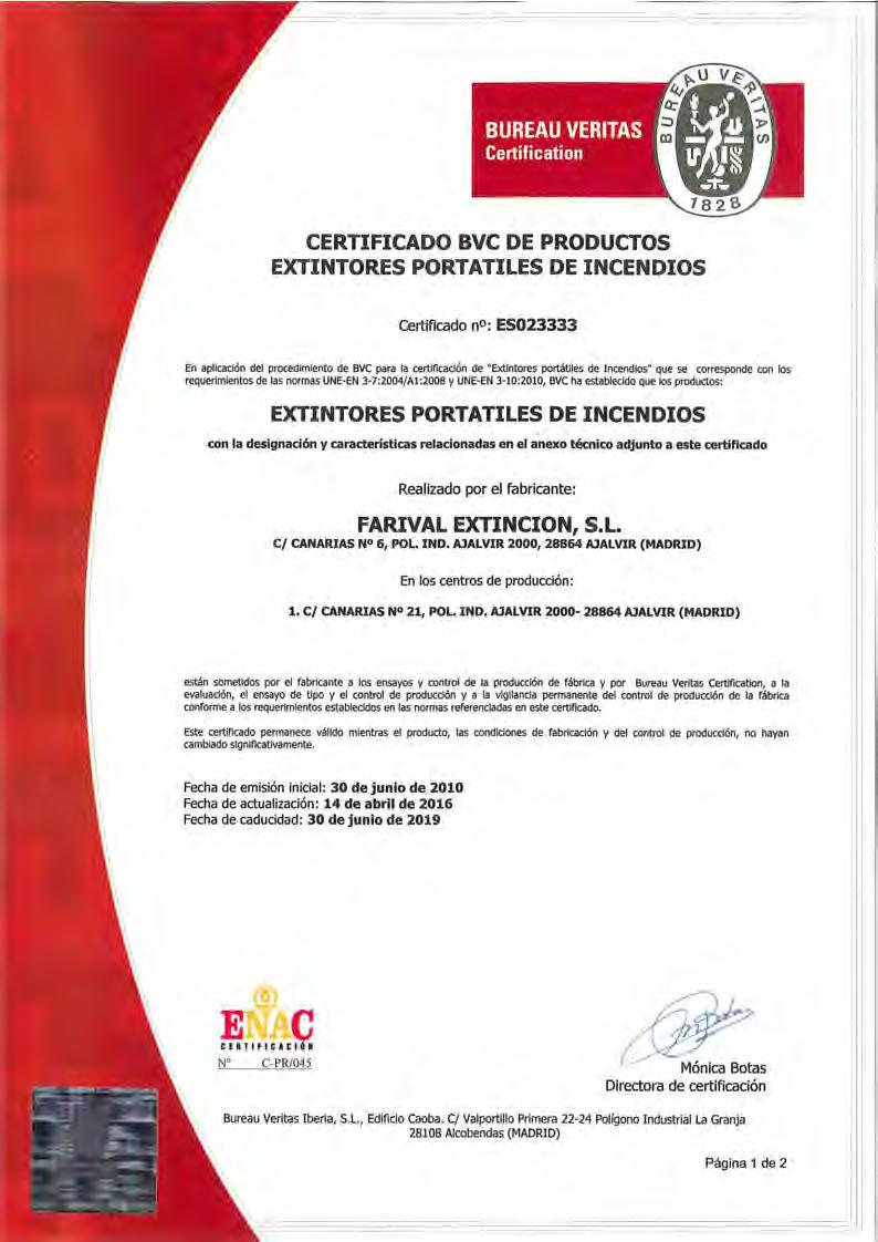 CERTIFICADO BVC DE PRODUCTOS EXTINTORES PORTATILES DE INCENDIOS Certificadon :ES023333 En aplleadón del procedlmk!