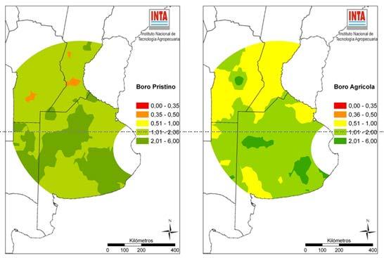 Rangos de valores de B disponible (extractable con DTPA) en suelos de la región pampeana en suelos prístinos y con
