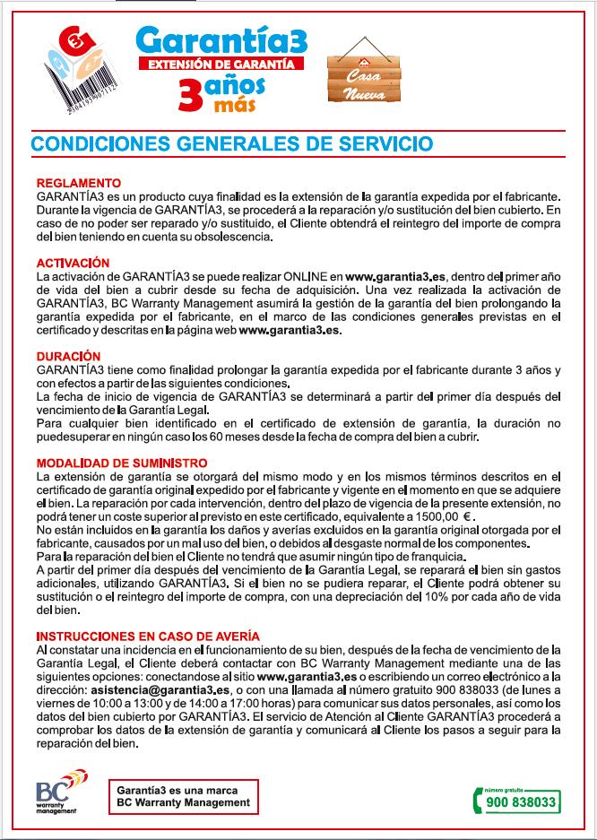 CONDICIONES GENERALES DE SERVICIO REGLAMENTO GARANTÍA3 es un producto cuya finalidad es la extensión de la garantía expedida por el fabricante.