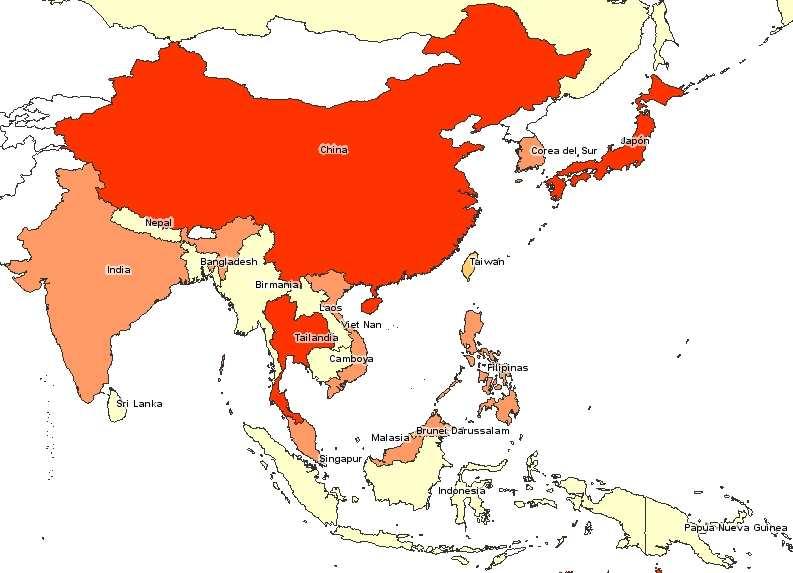 Casos confirmados de influenza A en Asia DIRECCIÓN GENERAL DE Nº Casos Sin casos 1-19 20-99 100-999 1000-4999 5000 - + PAIS (1) Casos Fallecidos Asia China 1,518 0 Tailandia 1,414 3 Japón 1,266 0